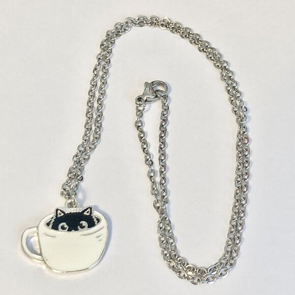 Black Cat Charm Pendant Necklace 18" Chain Enamel Coffee Cup Halloween Cat Lady - Picture 4 of 7